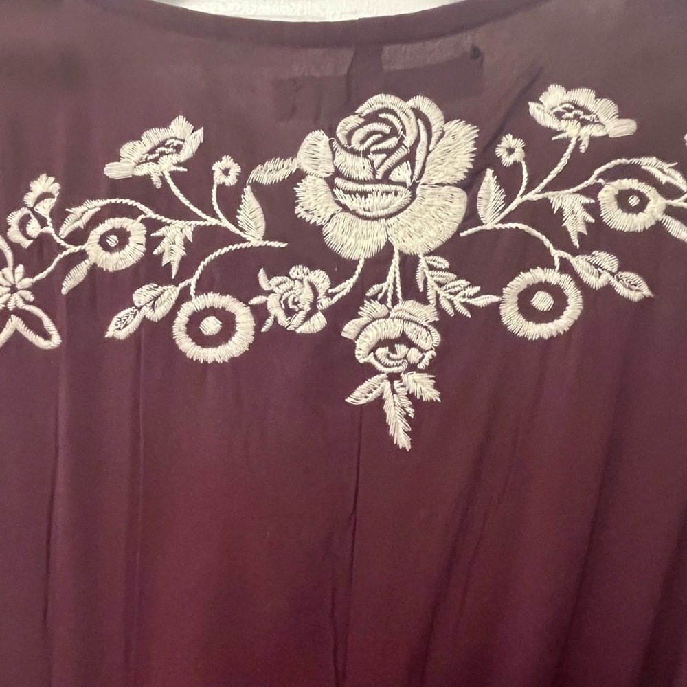 ✨ Crimson in Grace – Embroidered Sleeve Tie Waist Dress - Picture 11 of 12